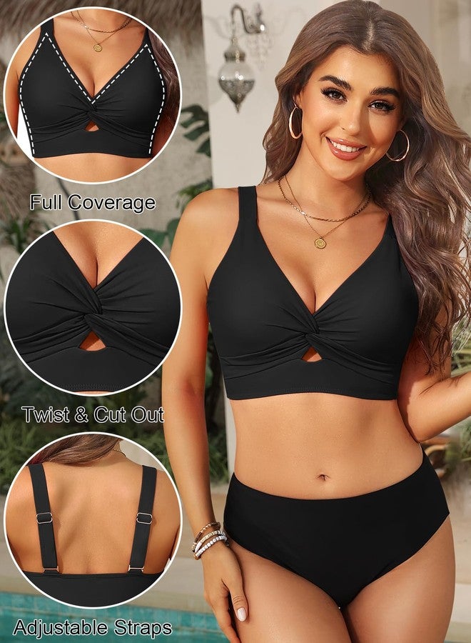 Yonique Women Bikini Top Only - Supportive Swim Tops Large Bust Swimsuit 2025 Cut Out Twist Bathing Suit Black M - Image 2
